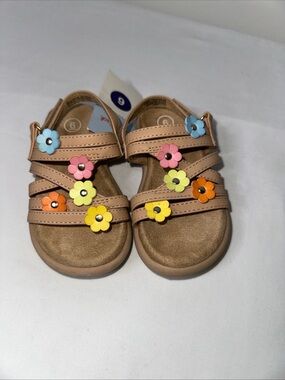 Cat & Jack Tan Floral Strap Sandals with Colorful Flower Accents